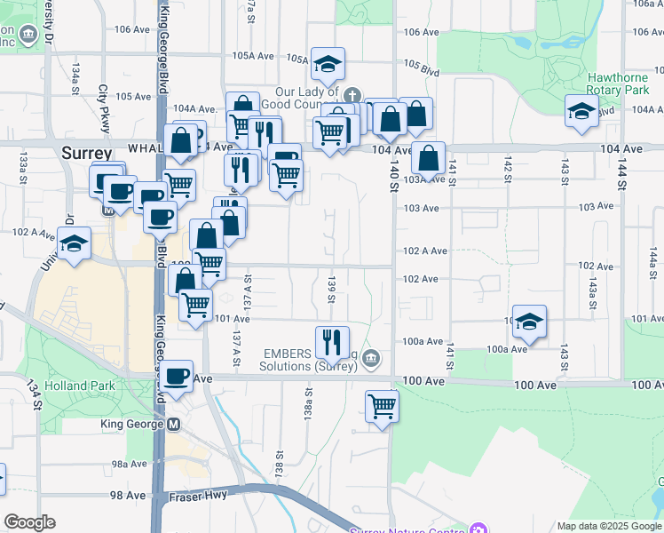 map of restaurants, bars, coffee shops, grocery stores, and more near 102 Ave & 139 St in Surrey