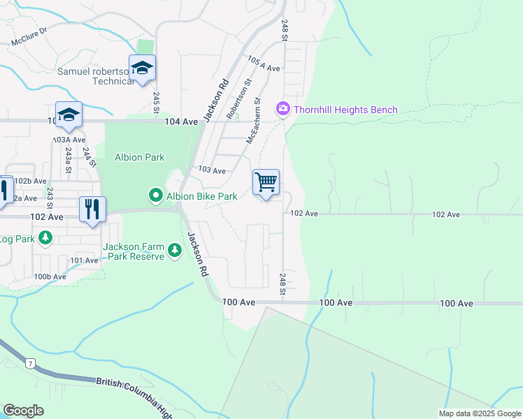 map of restaurants, bars, coffee shops, grocery stores, and more near 24750 102A Avenue in Maple Ridge