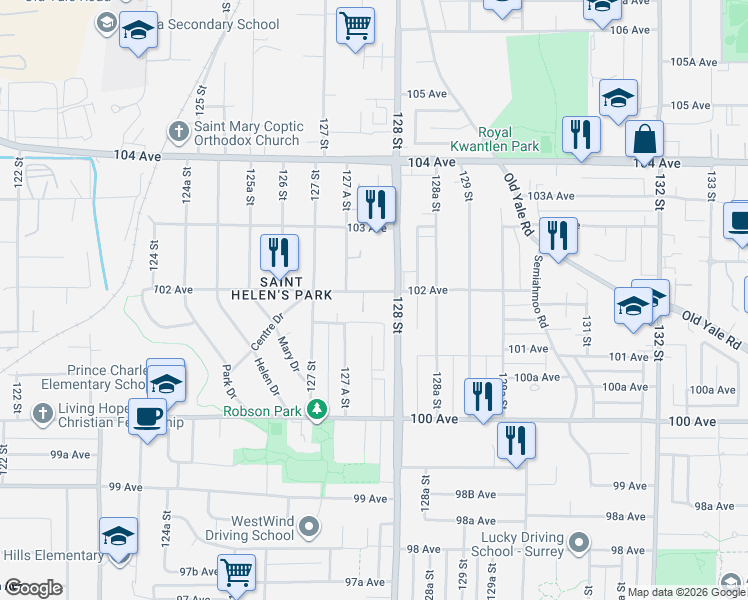 map of restaurants, bars, coffee shops, grocery stores, and more near 12770 102 Avenue in Surrey