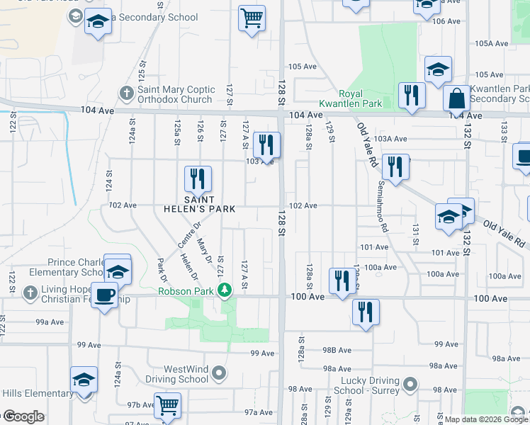 map of restaurants, bars, coffee shops, grocery stores, and more near in Surrey