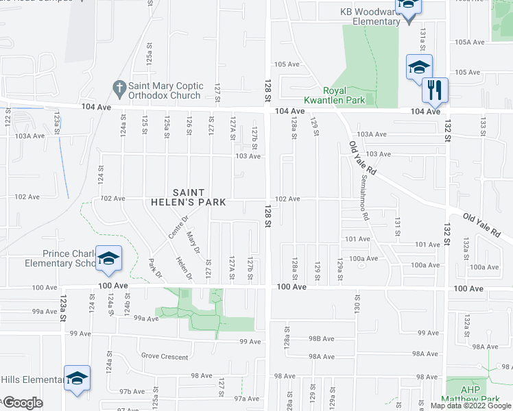 map of restaurants, bars, coffee shops, grocery stores, and more near 12788 102 Avenue in Surrey