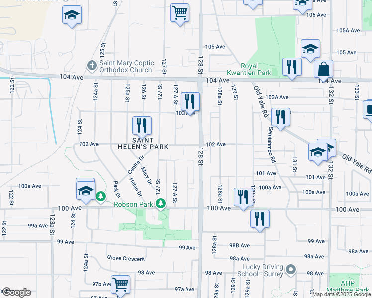 map of restaurants, bars, coffee shops, grocery stores, and more near 12760 102 Avenue in Surrey