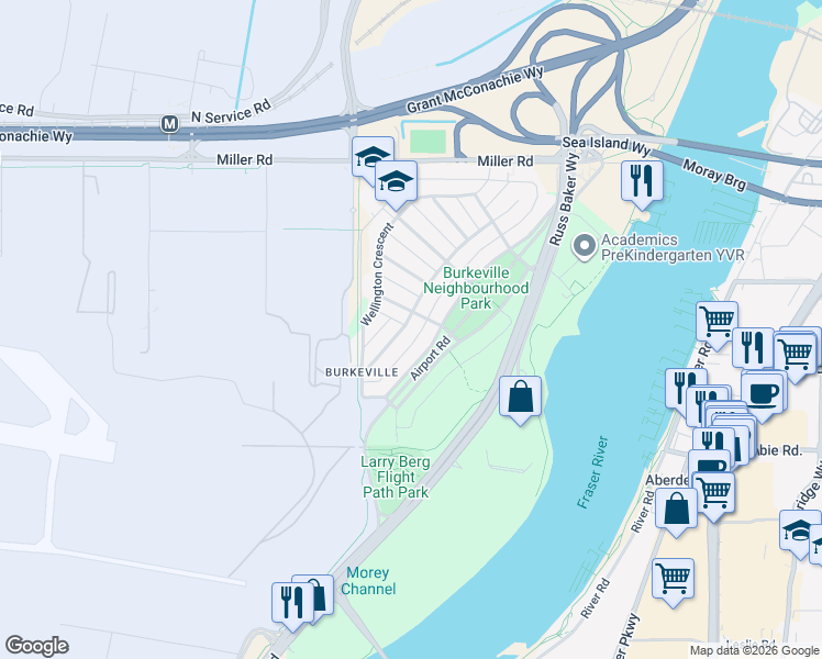 map of restaurants, bars, coffee shops, grocery stores, and more near 500 Douglas Crescent in Richmond