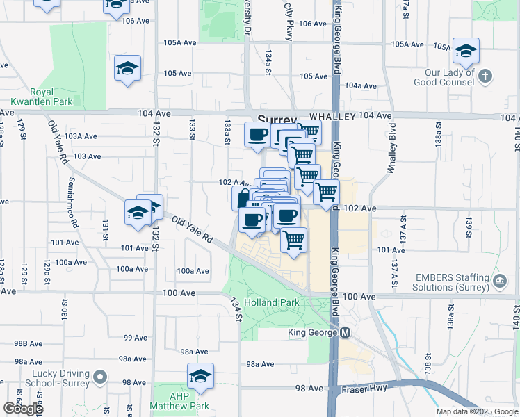 map of restaurants, bars, coffee shops, grocery stores, and more near 13450 102 Avenue in Surrey