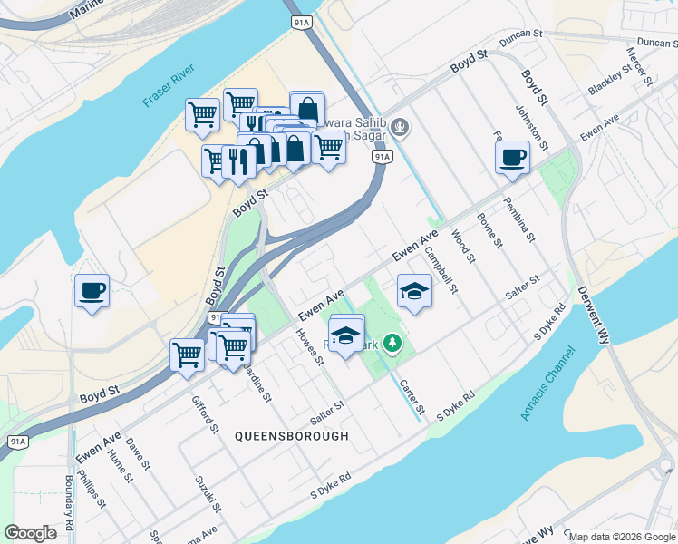 map of restaurants, bars, coffee shops, grocery stores, and more near 843 Ewen Avenue in New Westminster