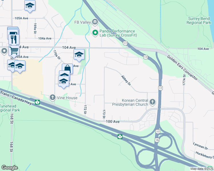 map of restaurants, bars, coffee shops, grocery stores, and more near 10194 173 Street in Surrey