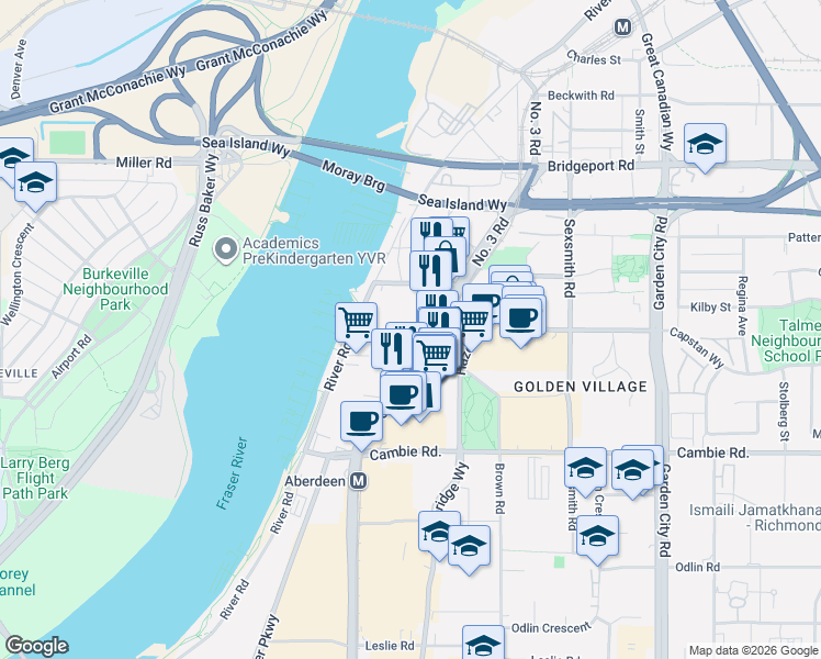 map of restaurants, bars, coffee shops, grocery stores, and more near 3631 Number 3 Road in Richmond