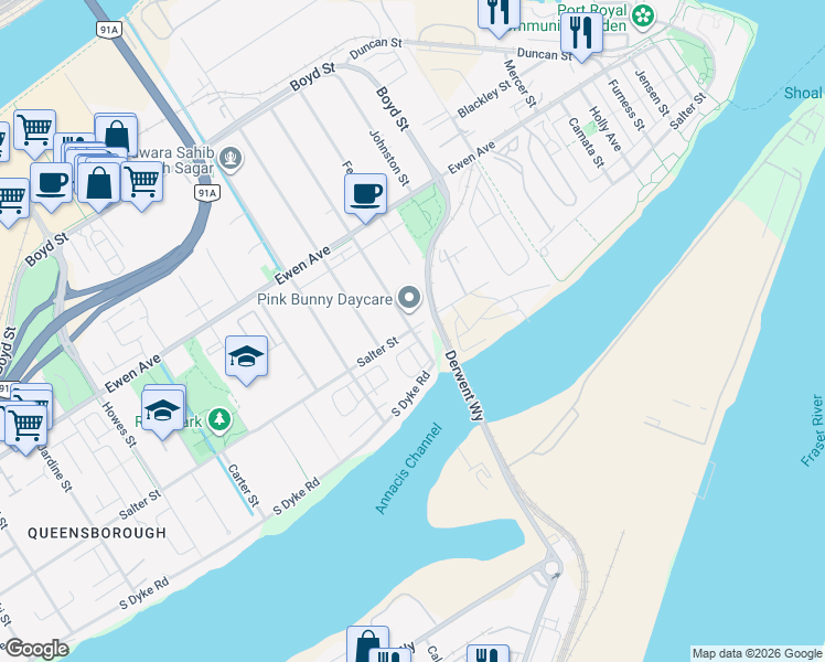 map of restaurants, bars, coffee shops, grocery stores, and more near 175 Pembina Street in New Westminster