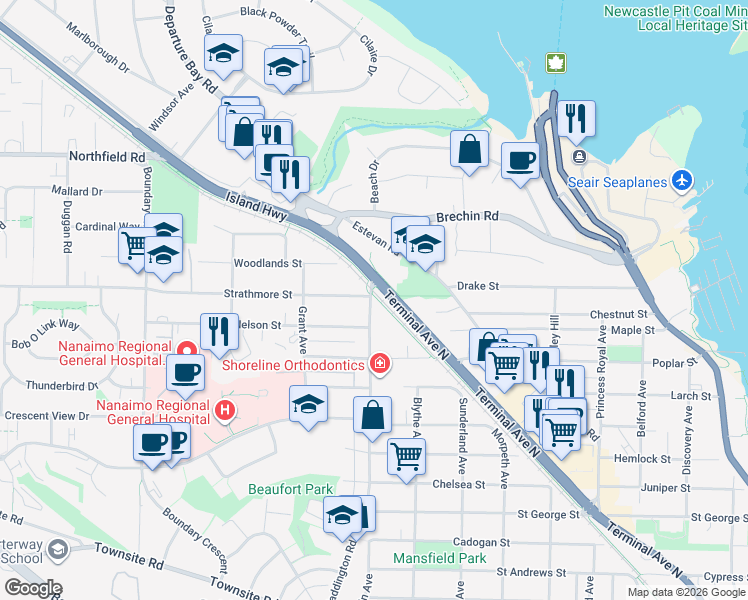 map of restaurants, bars, coffee shops, grocery stores, and more near 1010 Strathmore Street in Nanaimo