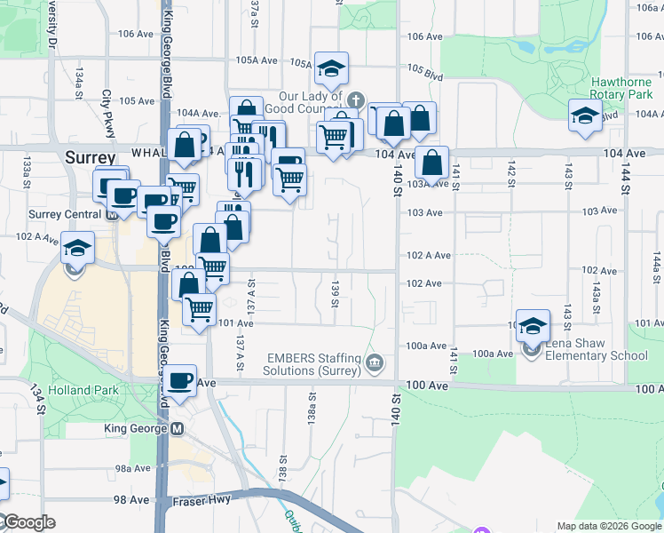 map of restaurants, bars, coffee shops, grocery stores, and more near in Surrey