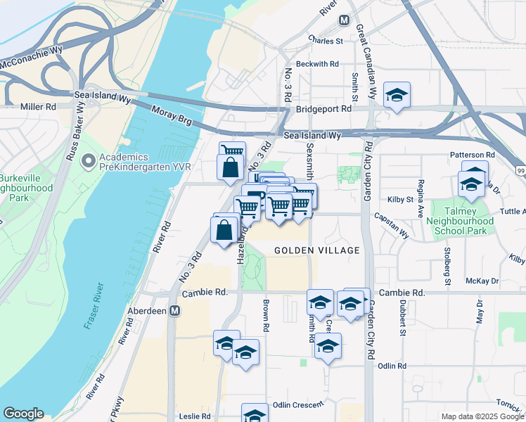 map of restaurants, bars, coffee shops, grocery stores, and more near 8300 Capstan Way in Richmond