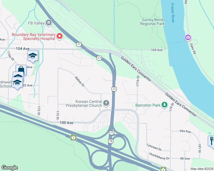 map of restaurants, bars, coffee shops, grocery stores, and more near 17568 102 Avenue in Surrey