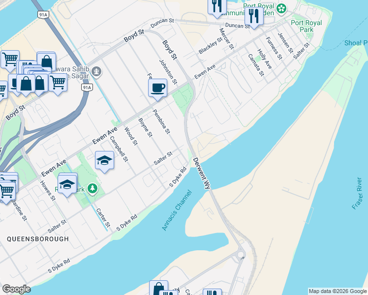 map of restaurants, bars, coffee shops, grocery stores, and more near 175 Pembina Street in New Westminster