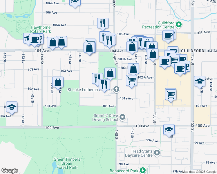 map of restaurants, bars, coffee shops, grocery stores, and more near 14758 Halstead Place in Surrey