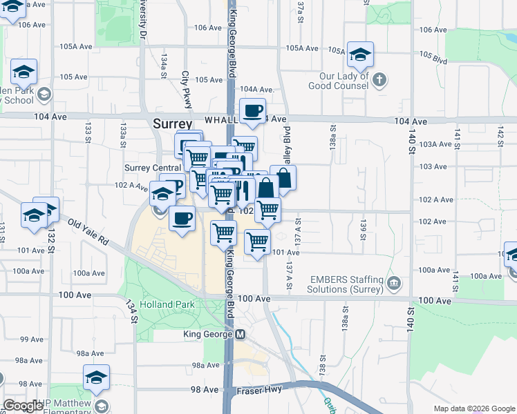 map of restaurants, bars, coffee shops, grocery stores, and more near 13685 102 Avenue in Surrey