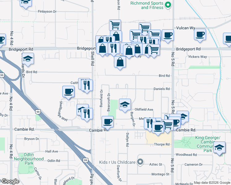 map of restaurants, bars, coffee shops, grocery stores, and more near in Richmond