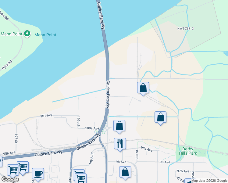map of restaurants, bars, coffee shops, grocery stores, and more near 20133 102 Avenue in Langley Township