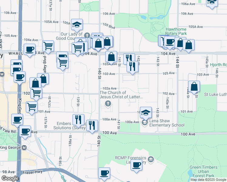 map of restaurants, bars, coffee shops, grocery stores, and more near 14070 102A Avenue in Surrey