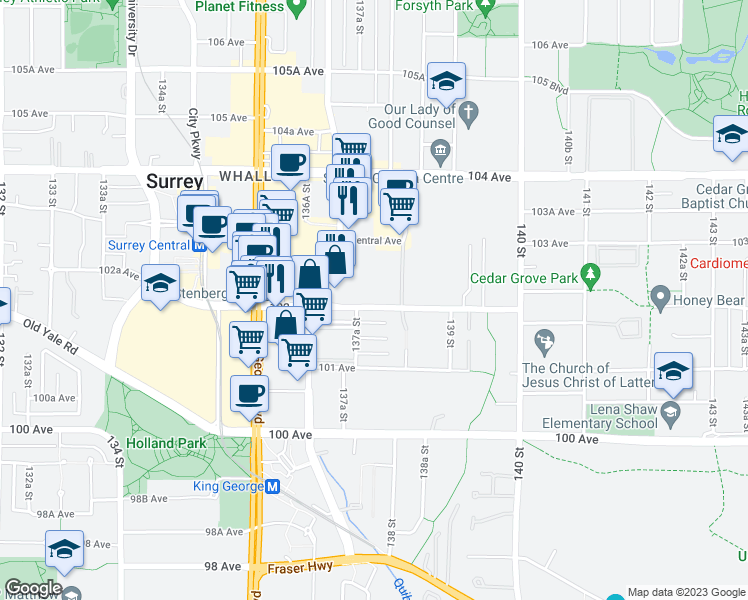 map of restaurants, bars, coffee shops, grocery stores, and more near 13775 102 Avenue in Surrey