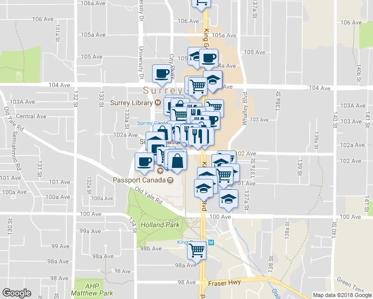 map of restaurants, bars, coffee shops, grocery stores, and more near 13541 102 Avenue in Surrey