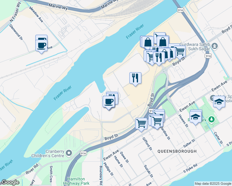 map of restaurants, bars, coffee shops, grocery stores, and more near 351 Gifford Street in New Westminster