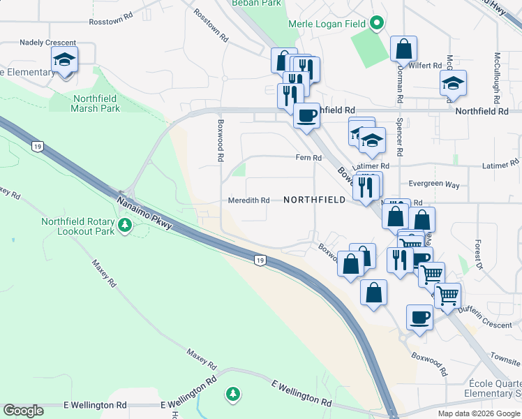 map of restaurants, bars, coffee shops, grocery stores, and more near 2233 Meredith Road in Nanaimo