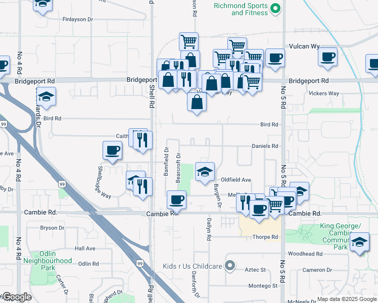 map of restaurants, bars, coffee shops, grocery stores, and more near 11240 Daniels Road in Richmond