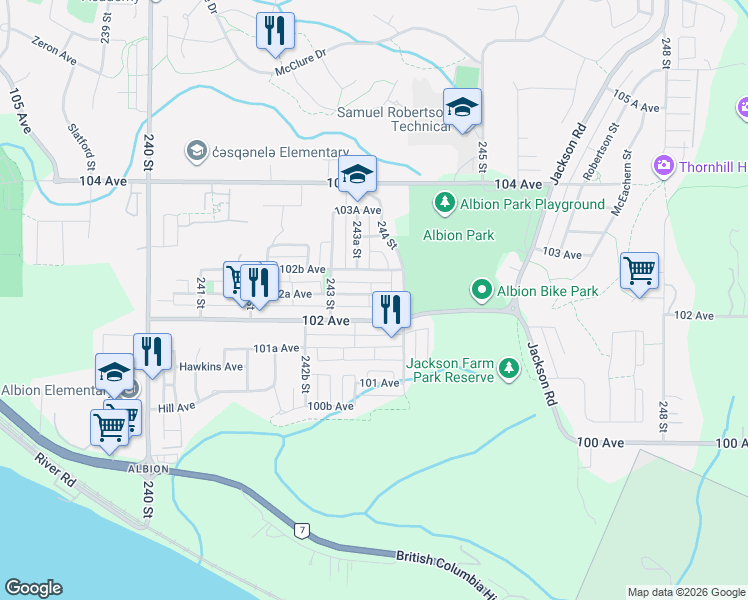 map of restaurants, bars, coffee shops, grocery stores, and more near 24367 102 Avenue in Maple Ridge