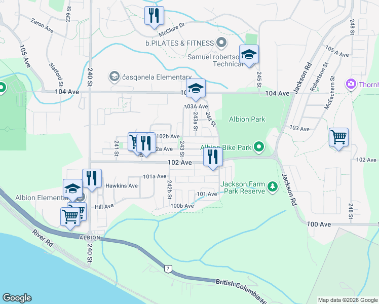 map of restaurants, bars, coffee shops, grocery stores, and more near 24320 102A Avenue in Maple Ridge