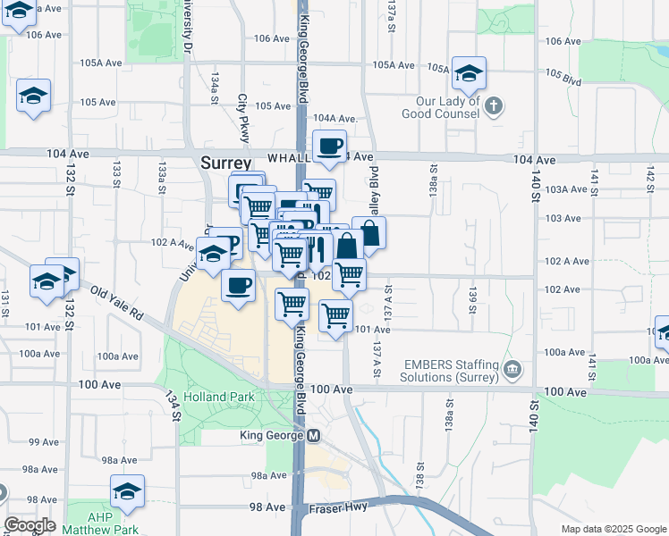 map of restaurants, bars, coffee shops, grocery stores, and more near 13685 102 Avenue in Surrey