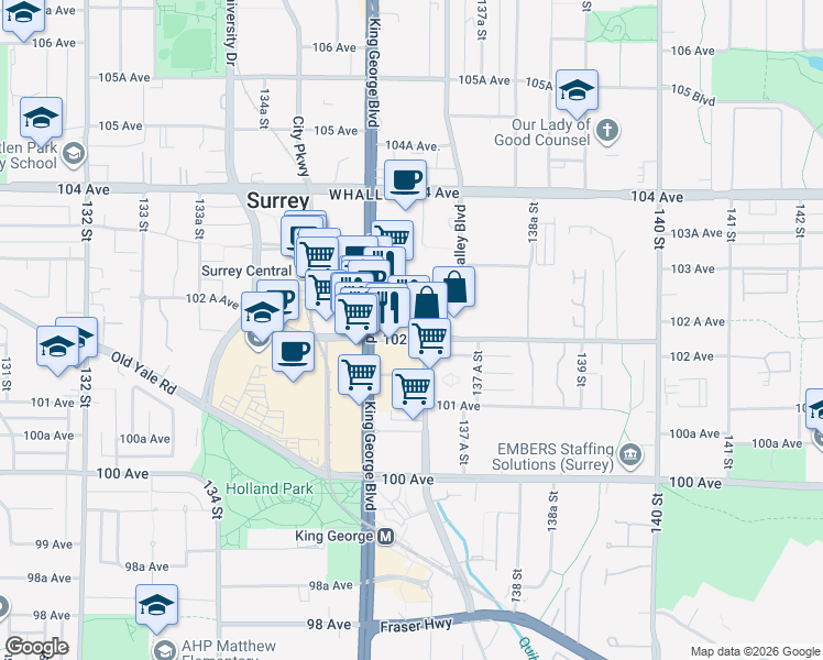 map of restaurants, bars, coffee shops, grocery stores, and more near 13685 102 Avenue in Surrey
