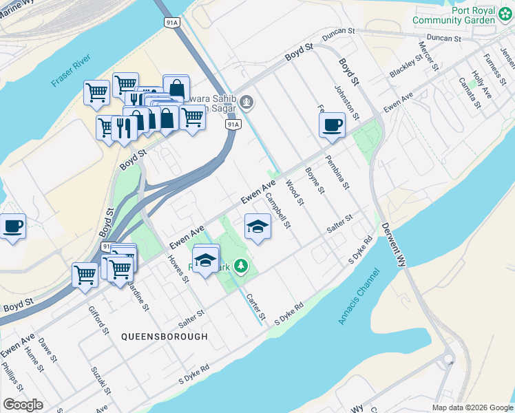 map of restaurants, bars, coffee shops, grocery stores, and more near 789 Ota Avenue in New Westminster