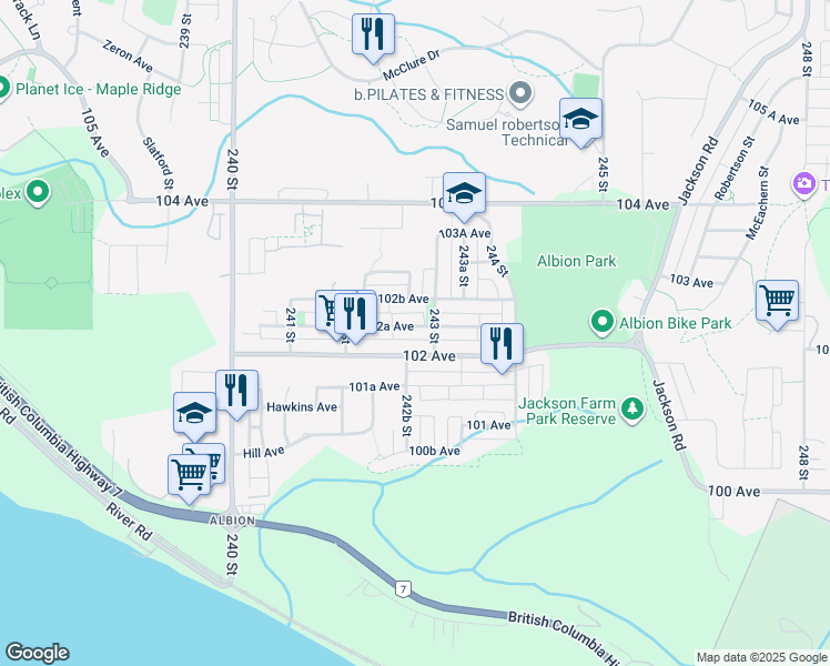 map of restaurants, bars, coffee shops, grocery stores, and more near 24280 102A Avenue in Maple Ridge