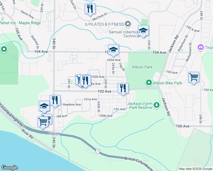 map of restaurants, bars, coffee shops, grocery stores, and more near 24304 102A Avenue in Maple Ridge