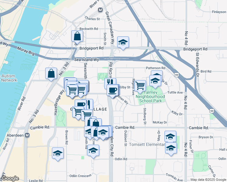 map of restaurants, bars, coffee shops, grocery stores, and more near 3409 Garden City Road in Richmond