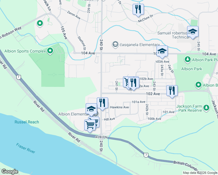 map of restaurants, bars, coffee shops, grocery stores, and more near 10222 240 Street in Maple Ridge