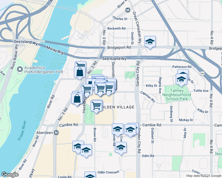 map of restaurants, bars, coffee shops, grocery stores, and more near 8677 Capstan Way in Richmond