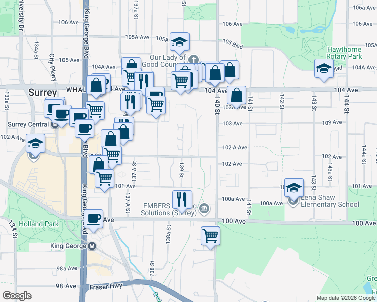 map of restaurants, bars, coffee shops, grocery stores, and more near 13909 102 Avenue in Surrey
