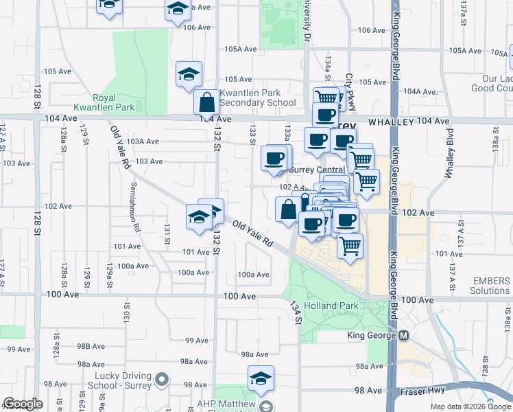 map of restaurants, bars, coffee shops, grocery stores, and more near 10206 133 Street in Surrey