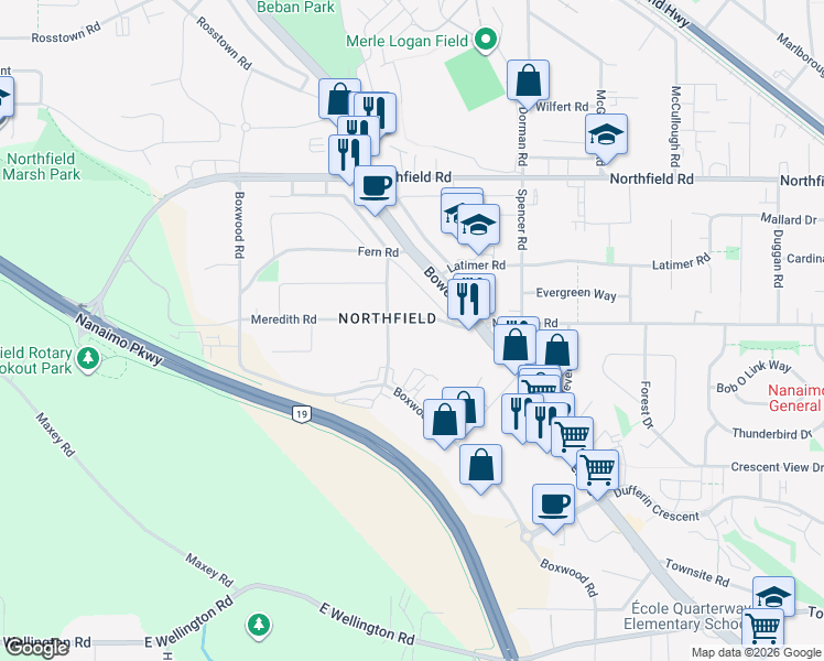 map of restaurants, bars, coffee shops, grocery stores, and more near 2151 Meredith Road in Nanaimo