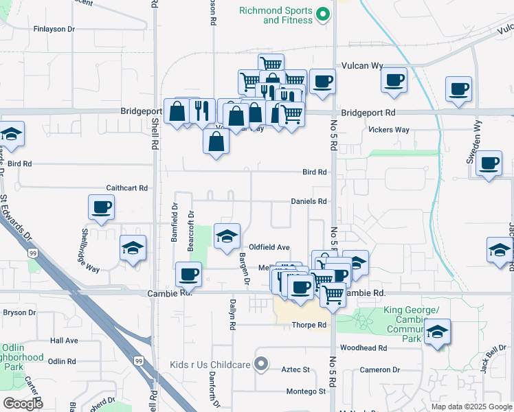 map of restaurants, bars, coffee shops, grocery stores, and more near 11420 Daniels Road in Richmond