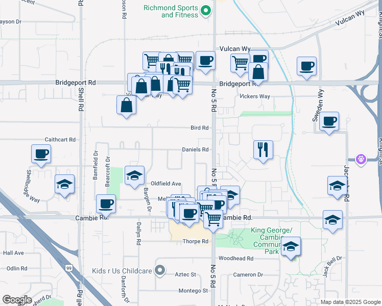 map of restaurants, bars, coffee shops, grocery stores, and more near 12171 Mellis Drive in Richmond
