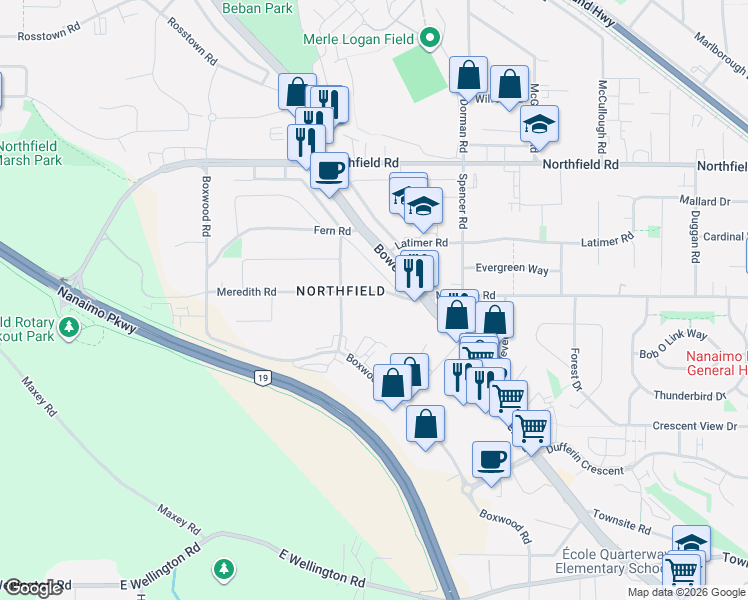 map of restaurants, bars, coffee shops, grocery stores, and more near 2115 Meredith Road in Nanaimo