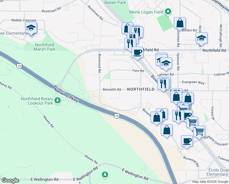 map of restaurants, bars, coffee shops, grocery stores, and more near 2233 Meredith Road in Nanaimo