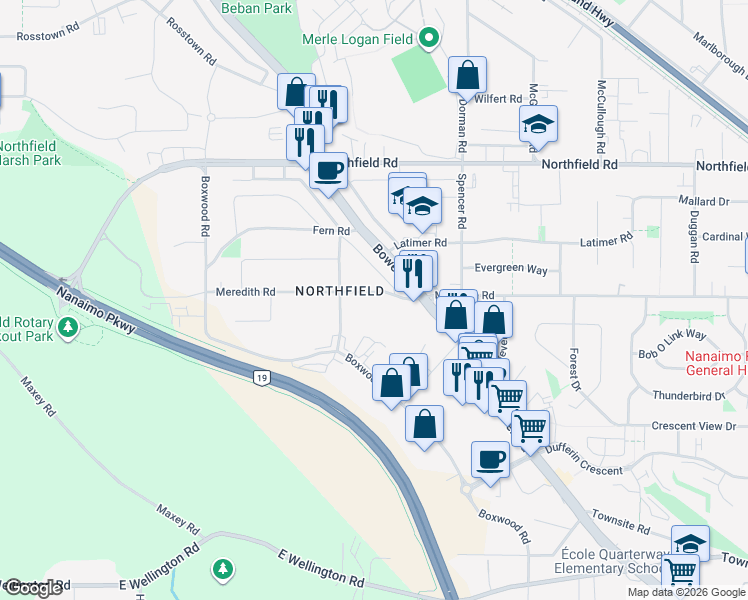 map of restaurants, bars, coffee shops, grocery stores, and more near 2151 Meredith Road in Nanaimo