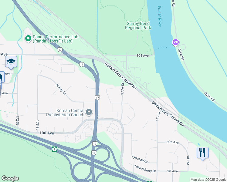 map of restaurants, bars, coffee shops, grocery stores, and more near 17736 102 Avenue in Surrey