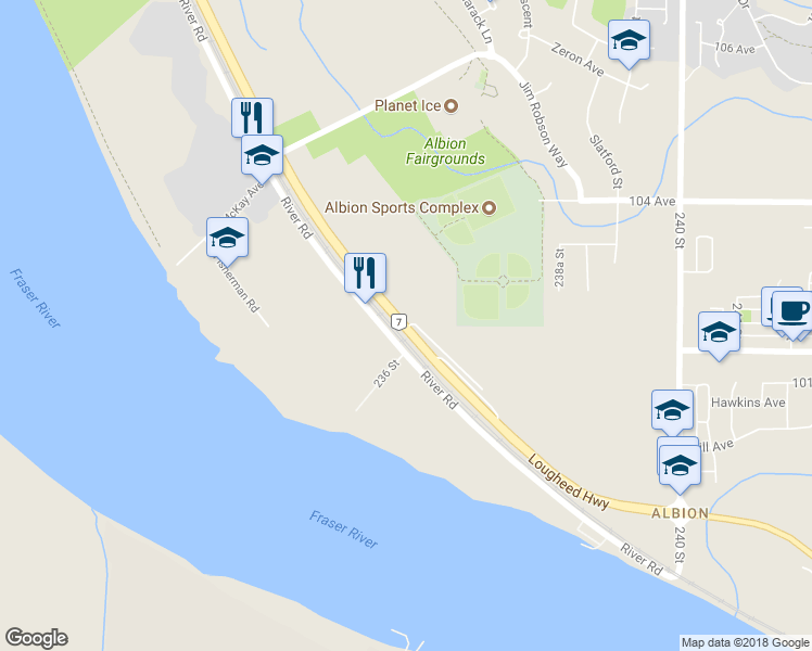 map of restaurants, bars, coffee shops, grocery stores, and more near 23711 Lougheed Highway in Maple Ridge