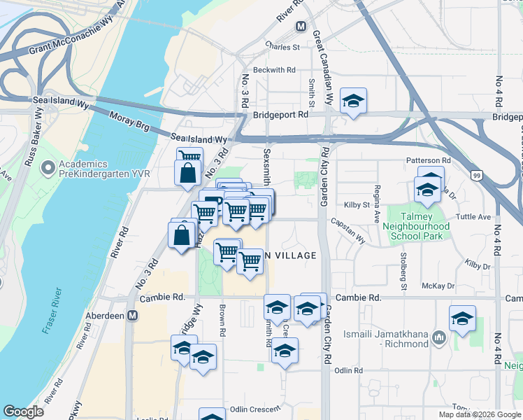 map of restaurants, bars, coffee shops, grocery stores, and more near 8677 Capstan Way in Richmond