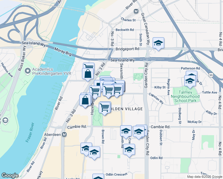 map of restaurants, bars, coffee shops, grocery stores, and more near 8633 Capstan Way in Richmond