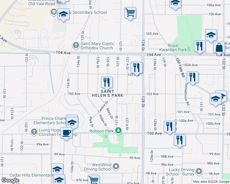 map of restaurants, bars, coffee shops, grocery stores, and more near 10207 127 Street in Surrey